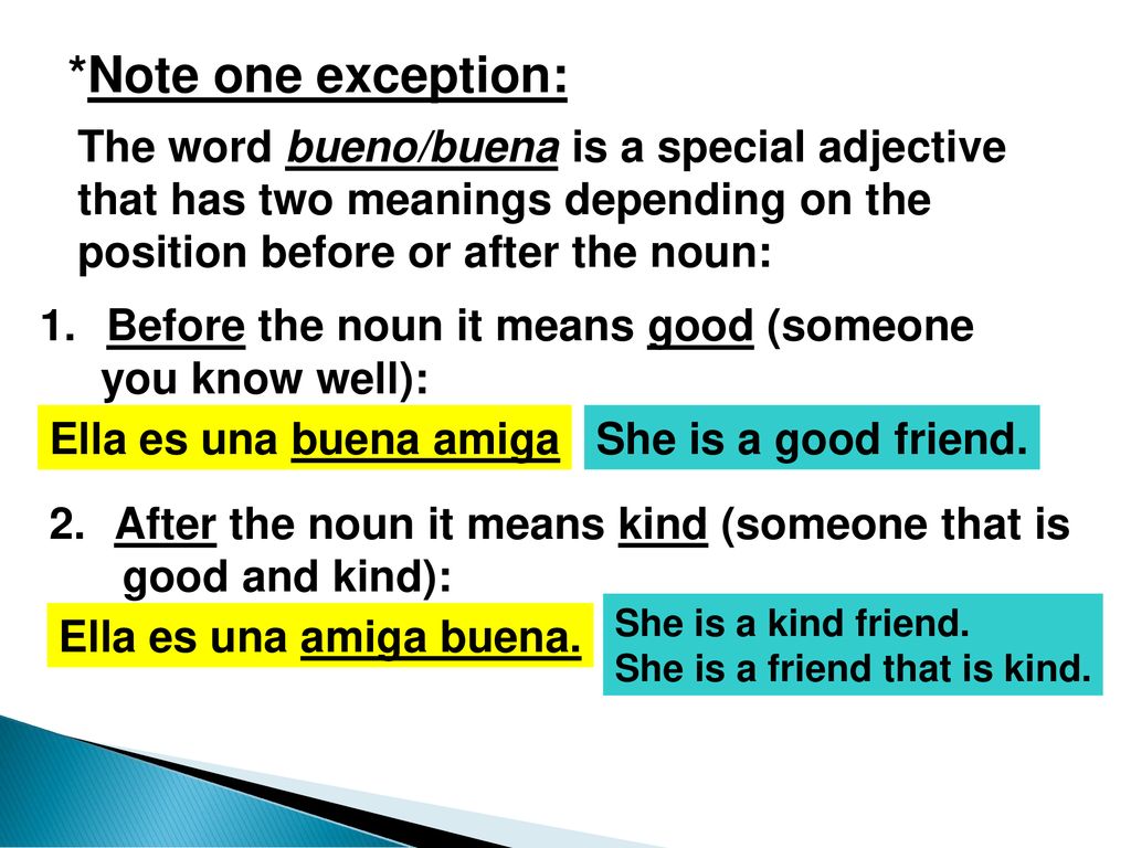 *Note one exception: The word bueno/buena is a special adjective