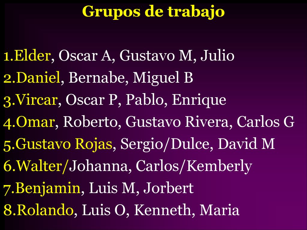 Grupos de trabajo Elder, Oscar A, Gustavo M, Julio. Daniel, Bernabe, Miguel B. Vircar, Oscar P, Pablo, Enrique.