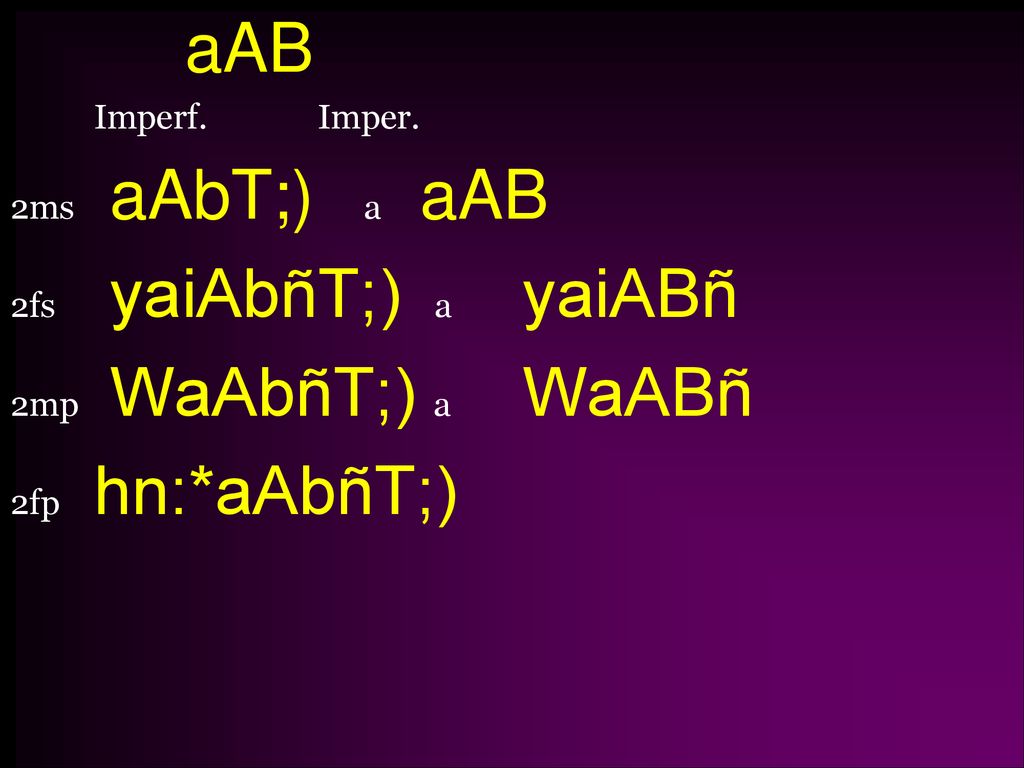 aAB Imperf. Imper. 2ms aAbT;) a aAB 2fs yaiAbñT;) a yaiABñ