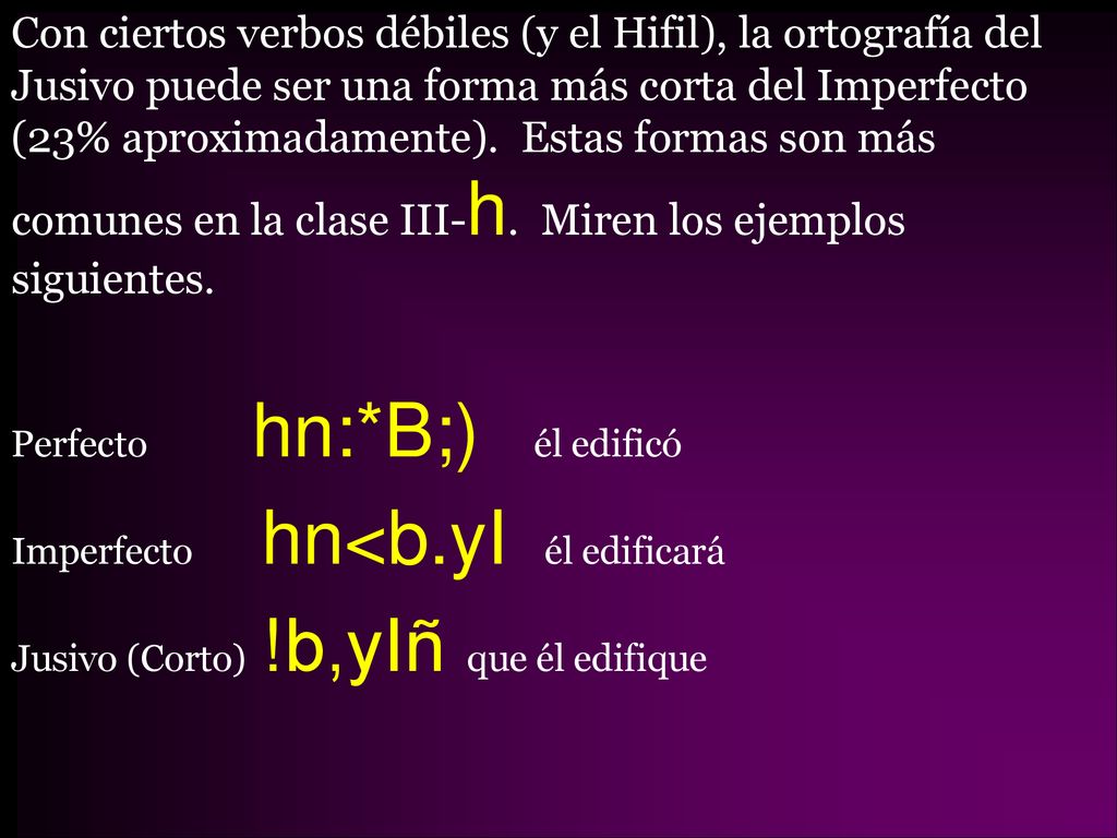 Con ciertos verbos débiles (y el Hifil), la ortografía del Jusivo puede ser una forma más corta del Imperfecto (23% aproximadamente). Estas formas son más comunes en la clase III-h. Miren los ejemplos siguientes.