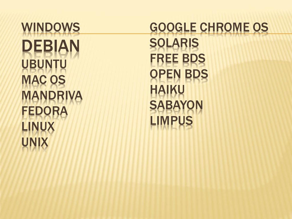 Windows Debian Ubuntu Mac os Mandriva Fedora Linux Unix Google chrome os Solaris Free BDS Open BDS Haiku Sabayon Limpus
