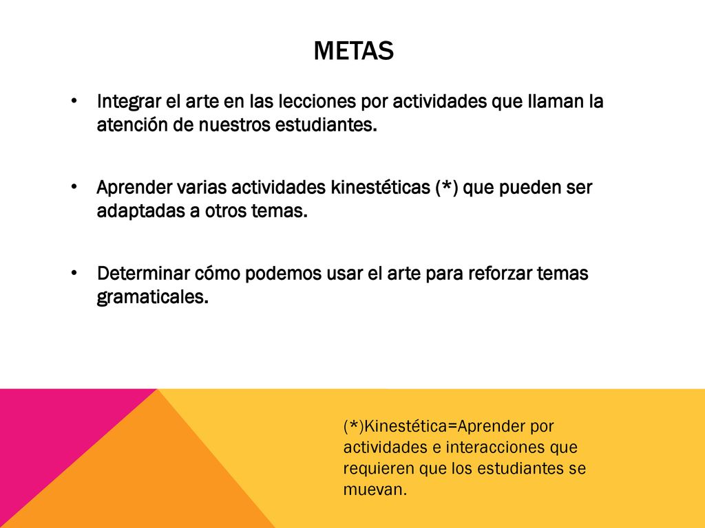 metas Integrar el arte en las lecciones por actividades que llaman la atención de nuestros estudiantes.