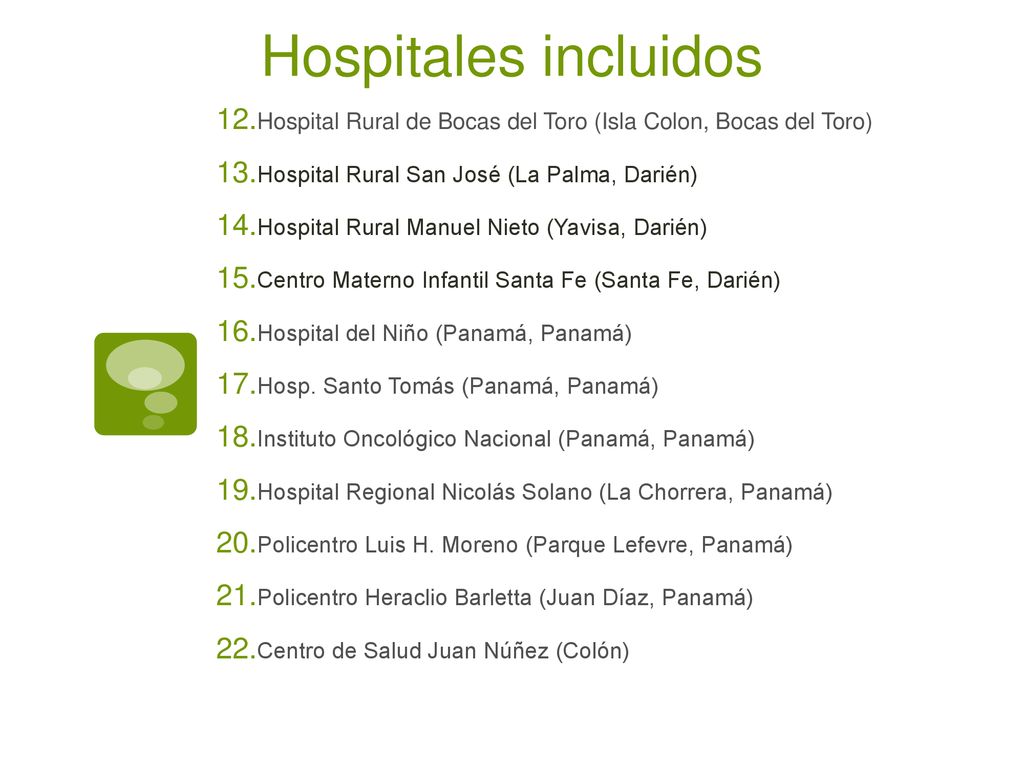 Hospitales incluidos Hospital Rural de Bocas del Toro (Isla Colon, Bocas del Toro) Hospital Rural San José (La Palma, Darién)