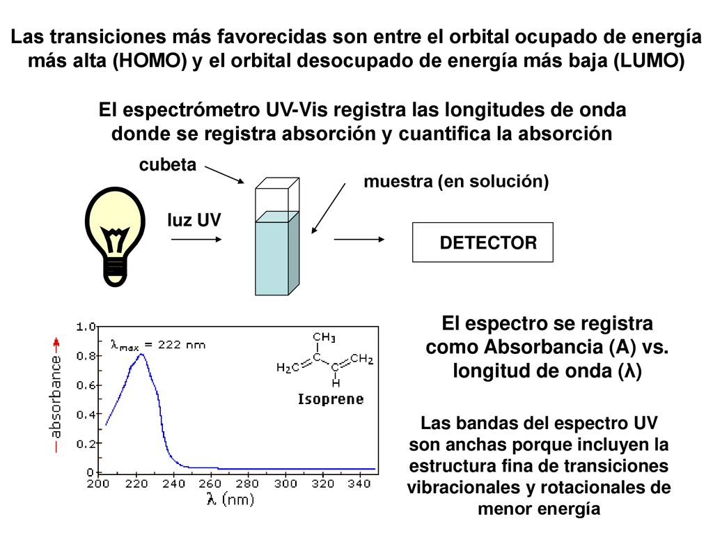 El espectro se registra como Absorbancia (A) vs. longitud de onda (λ)