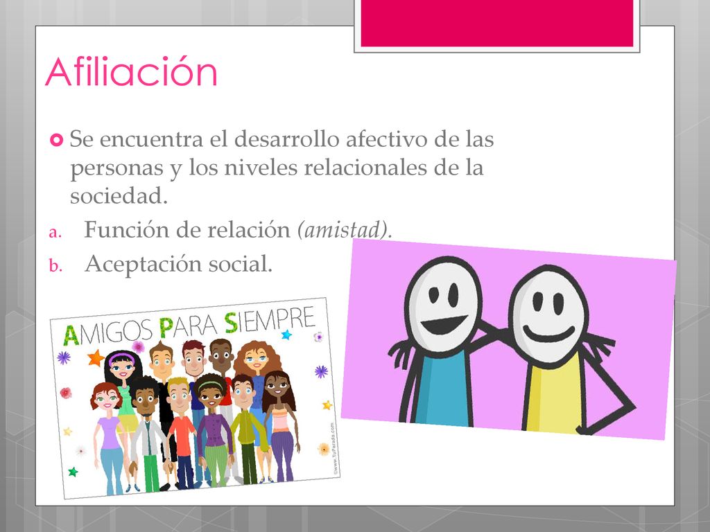 Afiliación Se encuentra el desarrollo afectivo de las personas y los niveles relacionales de la sociedad.