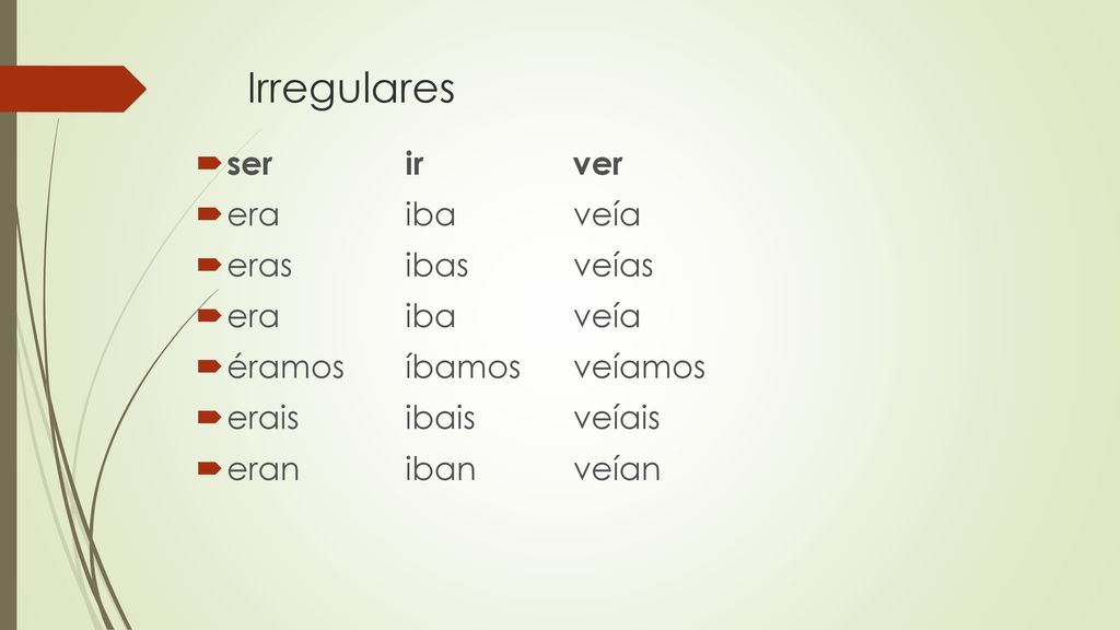 Irregulares ser ir ver era iba veía eras ibas veías