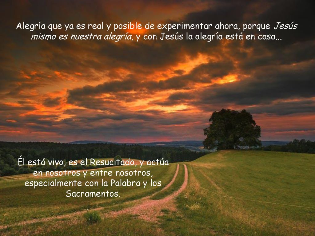 Alegría que ya es real y posible de experimentar ahora, porque Jesús mismo es nuestra alegría, y con Jesús la alegría está en casa...