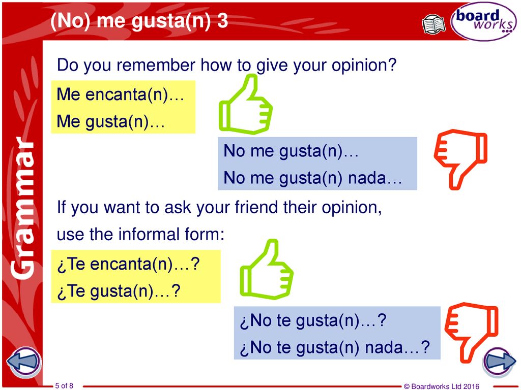(No) me gusta(n) 3 Do you remember how to give your opinion