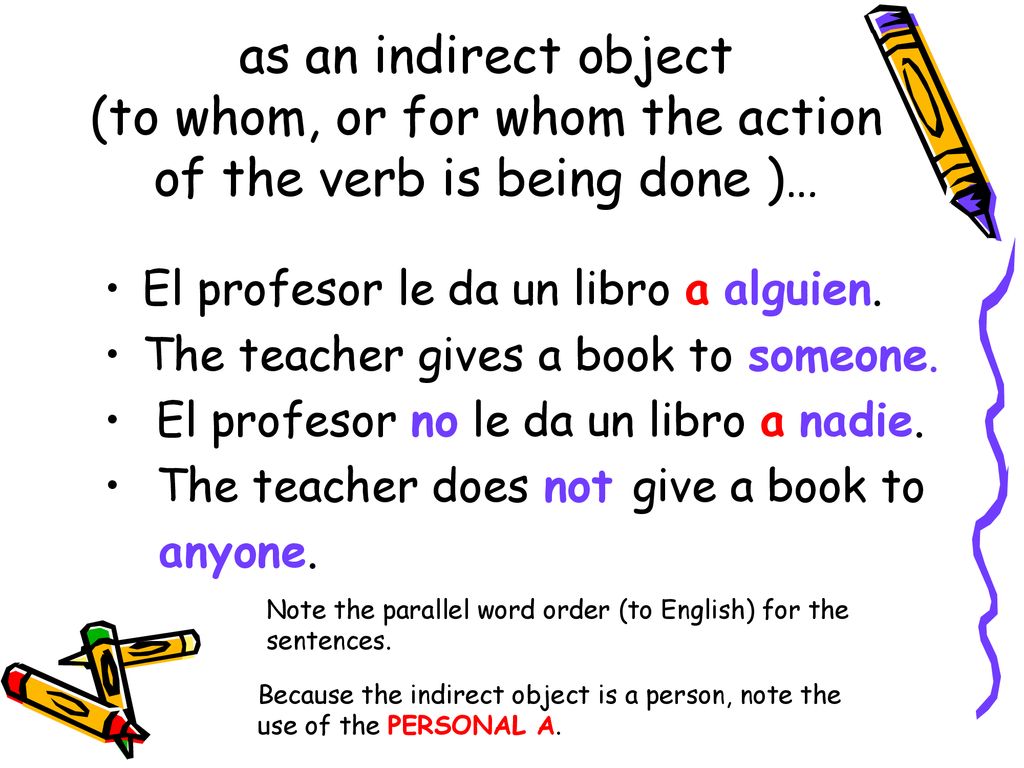 as an indirect object (to whom, or for whom the action of the verb is being done )…