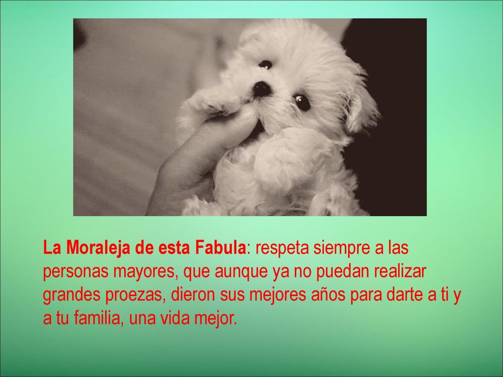 La Moraleja de esta Fabula: respeta siempre a las personas mayores, que aunque ya no puedan realizar grandes proezas, dieron sus mejores años para darte a ti y a tu familia, una vida mejor.