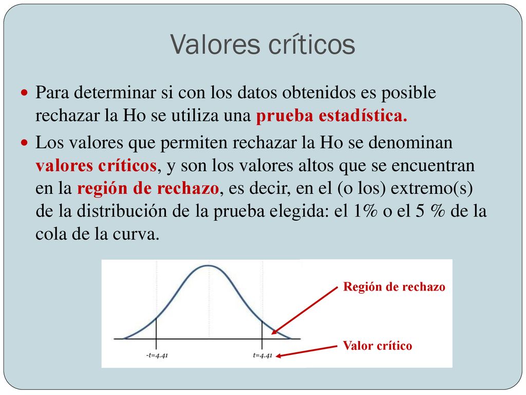 Valores críticos Para determinar si con los datos obtenidos es posible rechazar la Ho se utiliza una prueba estadística.