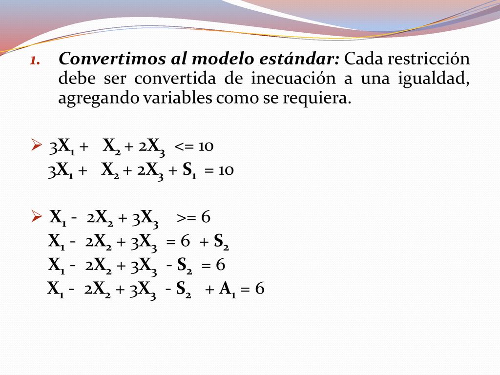 Convertimos al modelo estándar: Cada restricción debe ser convertida de inecuación a una igualdad, agregando variables como se requiera.