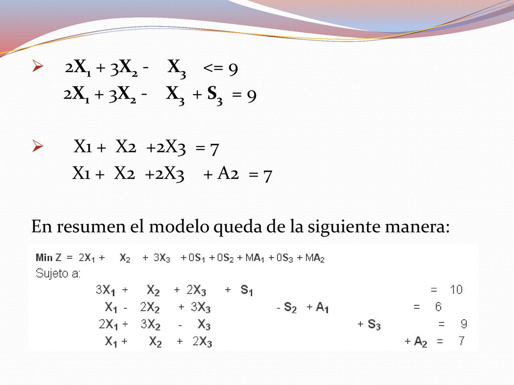 2X1 + 3X2 - X3 <= 9 2X1 + 3X2 - X3 + S3 = 9 X1 + X2 +2X3 = 7. X1 + X2 +2X3 + A2 = 7.