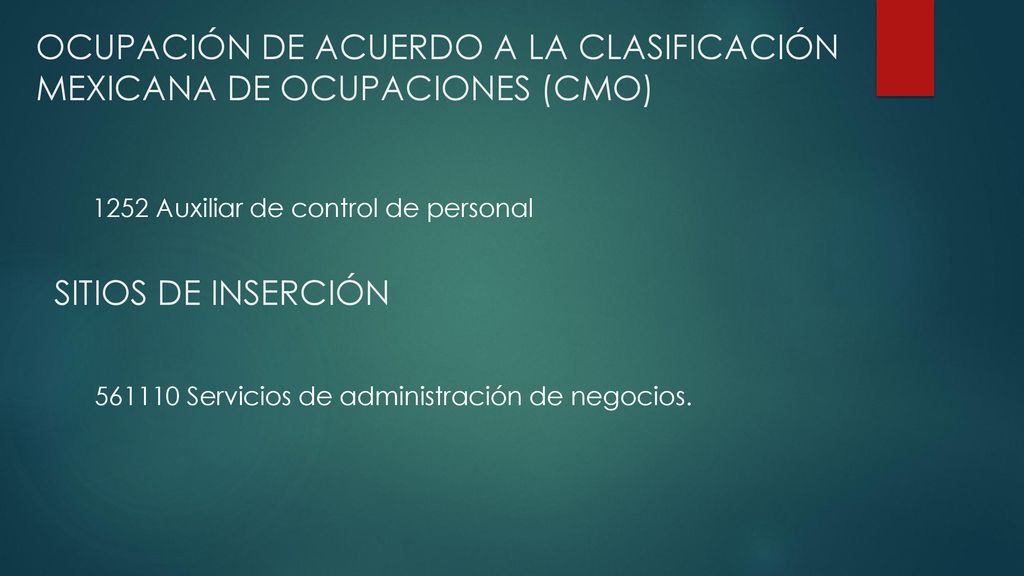 OCUPACIÓN DE ACUERDO A LA CLASIFICACIÓN MEXICANA DE OCUPACIONES (CMO)