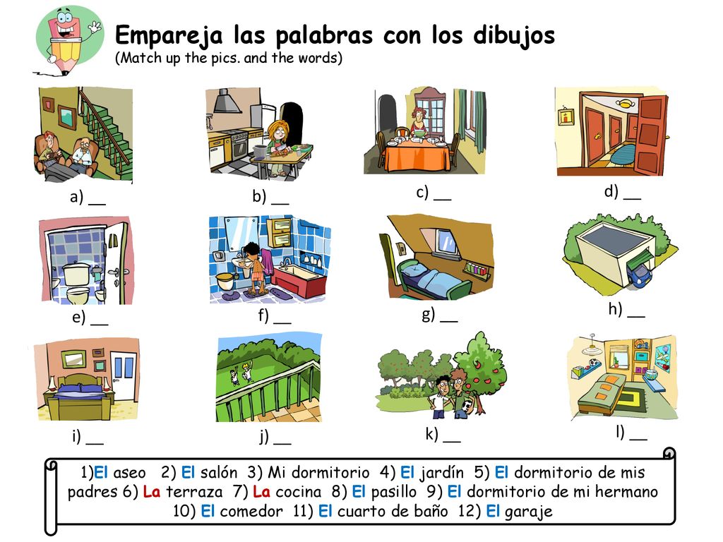 10) El comedor 11) El cuarto de baño 12) El garaje