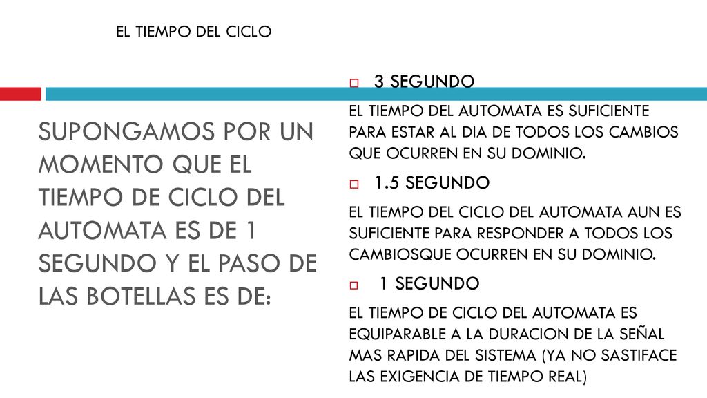 EL TIEMPO DEL CICLO 3 SEGUNDO. EL TIEMPO DEL AUTOMATA ES SUFICIENTE PARA ESTAR AL DIA DE TODOS LOS CAMBIOS QUE OCURREN EN SU DOMINIO.