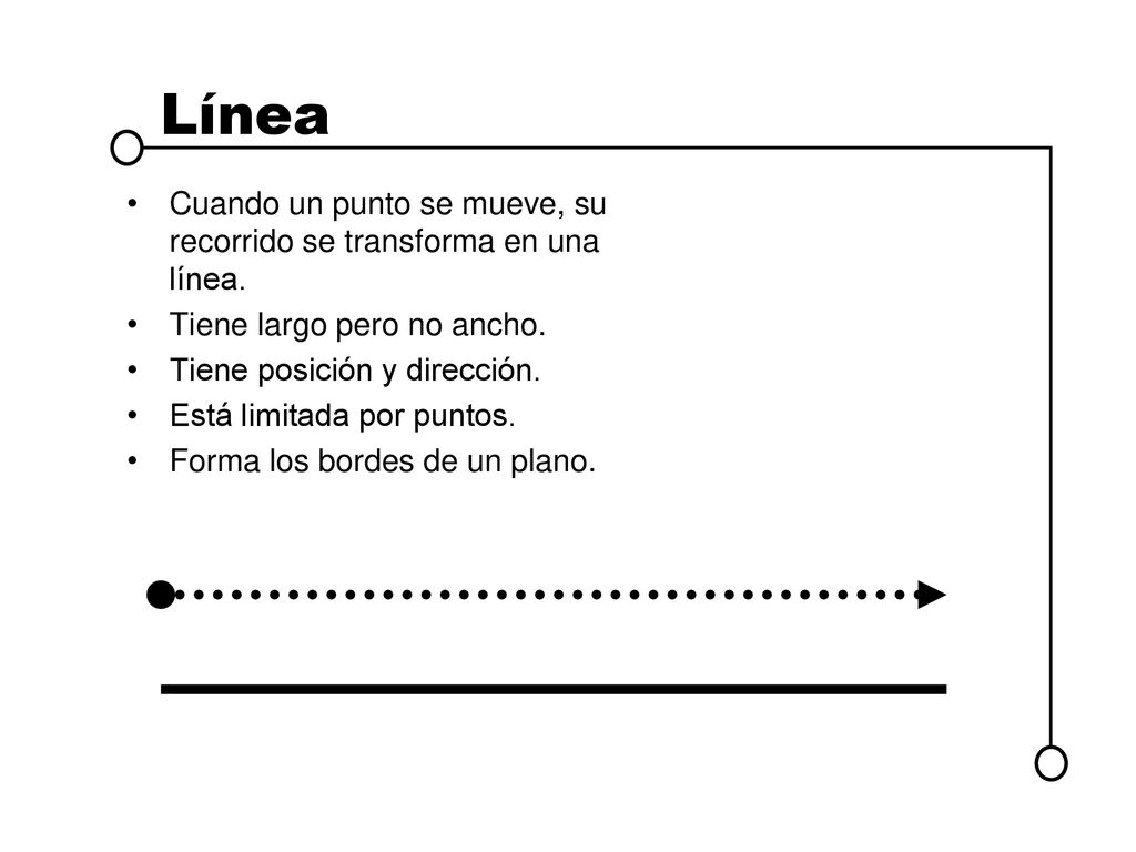 Línea Cuando un punto se mueve, su recorrido se transforma en una línea. Tiene largo pero no ancho.