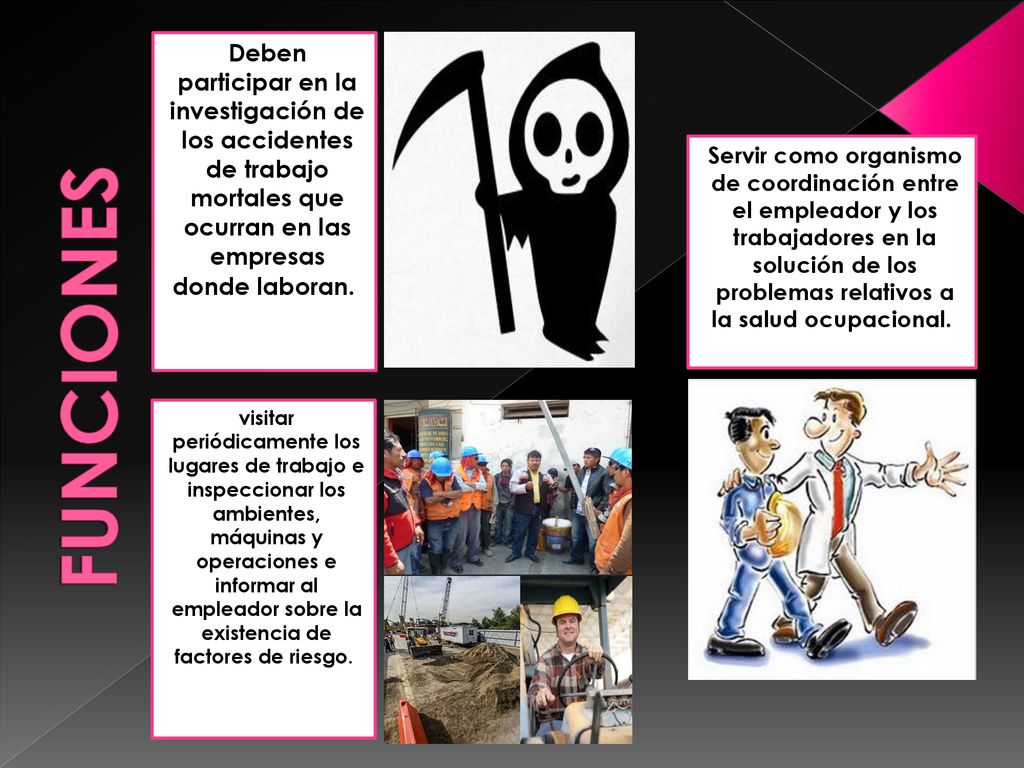 FUNCIONES Deben participar en la investigación de los accidentes de trabajo mortales que ocurran en las empresas donde laboran.