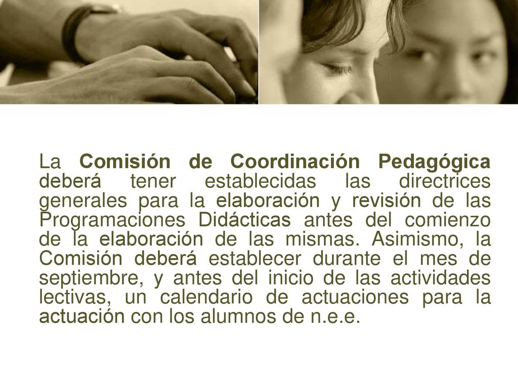 La Comisión de Coordinación Pedagógica deberá tener establecidas las directrices generales para la elaboración y revisión de las Programaciones Didácticas antes del comienzo de la elaboración de las mismas.