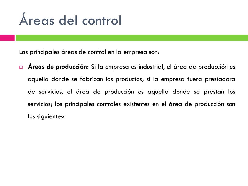Áreas del control Las principales áreas de control en la empresa son: