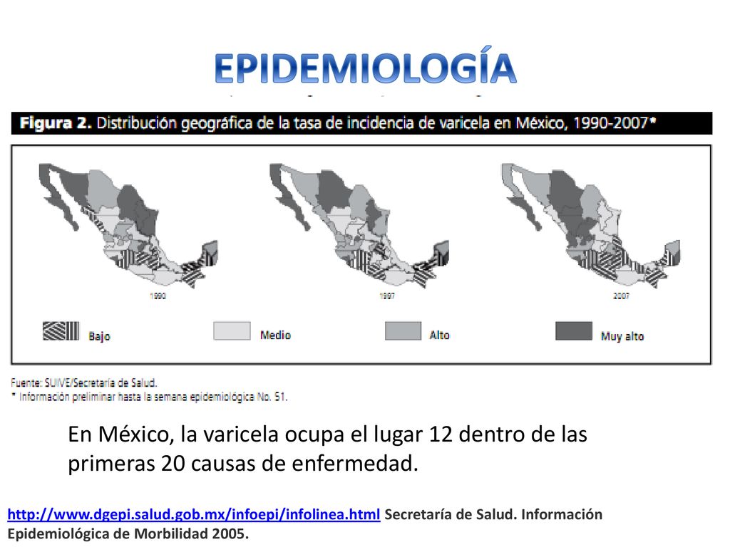 EPIDEMIOLOGÍA En México, la varicela ocupa el lugar 12 dentro de las primeras 20 causas de enfermedad.