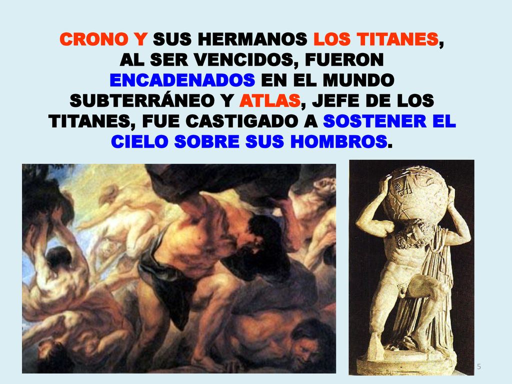 CRONO Y SUS HERMANOS LOS TITANES, AL SER VENCIDOS, FUERON ENCADENADOS EN EL MUNDO SUBTERRÁNEO Y ATLAS, JEFE DE LOS TITANES, FUE CASTIGADO A SOSTENER EL CIELO SOBRE SUS HOMBROS.