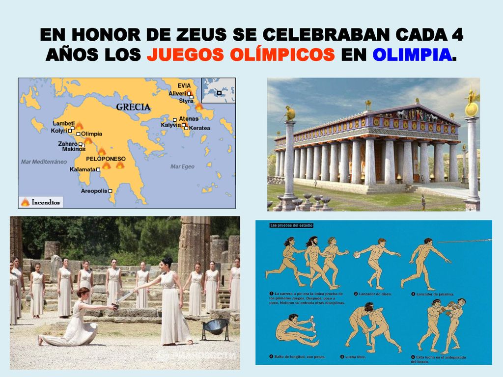 EN HONOR DE ZEUS SE CELEBRABAN CADA 4 AÑOS LOS JUEGOS OLÍMPICOS EN OLIMPIA.