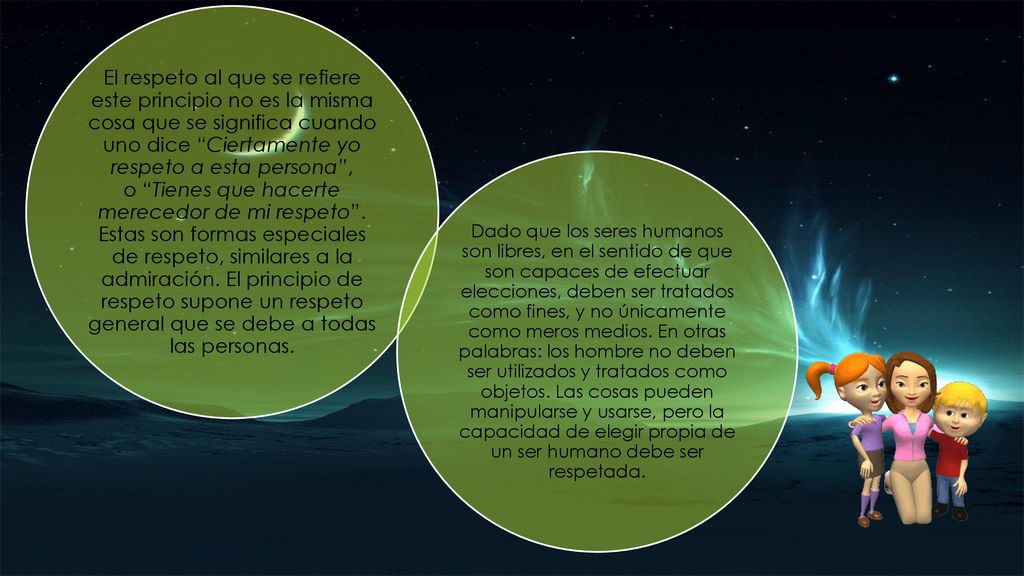 El respeto al que se refiere este principio no es la misma cosa que se significa cuando uno dice Ciertamente yo respeto a esta persona , o Tienes que hacerte merecedor de mi respeto . Estas son formas especiales de respeto, similares a la admiración. El principio de respeto supone un respeto general que se debe a todas las personas.
