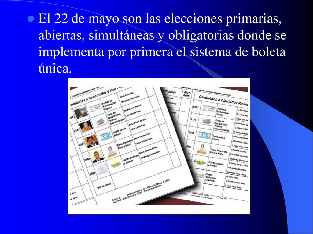 El 22 de mayo son las elecciones primarias, abiertas, simultáneas y obligatorias donde se implementa por primera el sistema de boleta única.