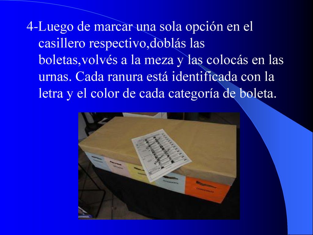 4-Luego de marcar una sola opción en el casillero respectivo,doblás las boletas,volvés a la meza y las colocás en las urnas.