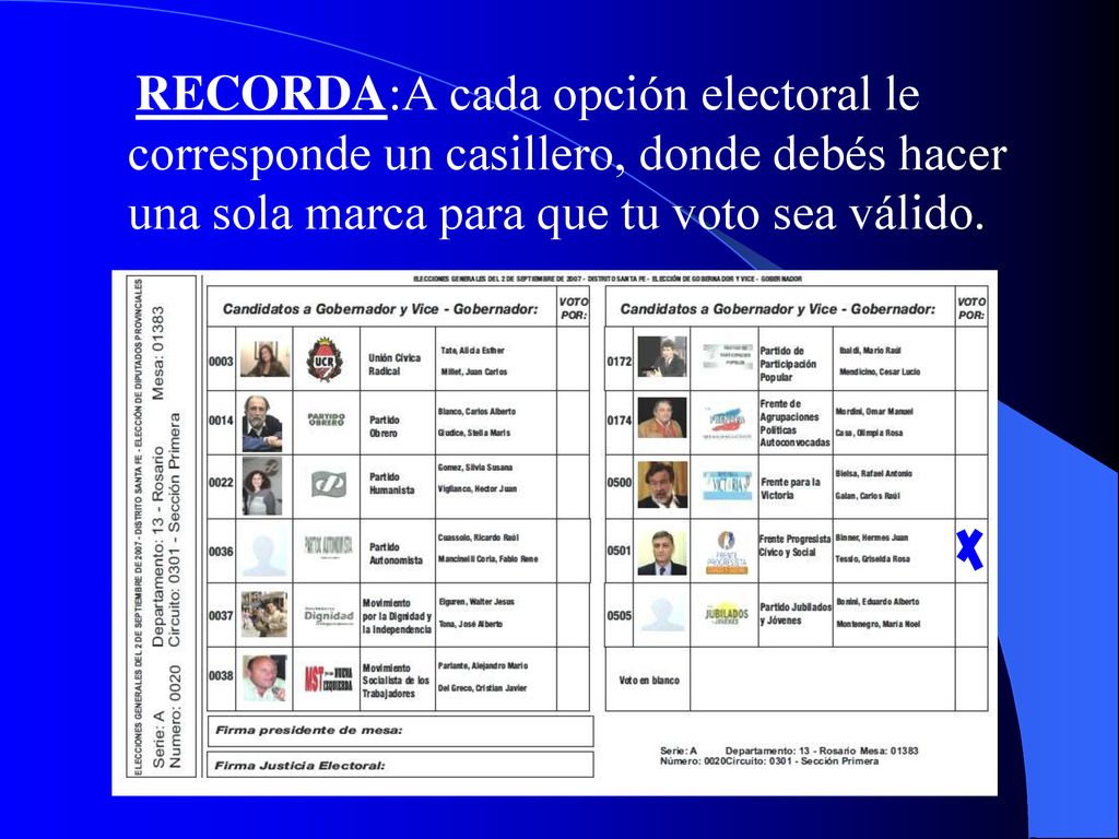 RECORDA:A cada opción electoral le corresponde un casillero, donde debés hacer una sola marca para que tu voto sea válido.