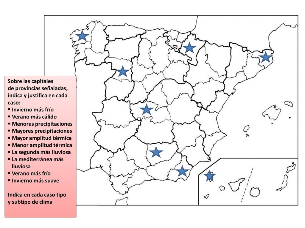 Sobre las capitales de provincias señaladas, indica y justifica en cada. caso: Invierno más frío.