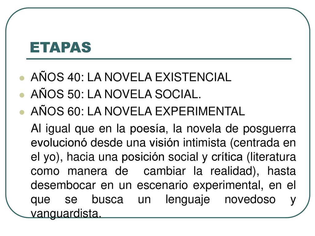 ETAPAS AÑOS 40: LA NOVELA EXISTENCIAL AÑOS 50: LA NOVELA SOCIAL.