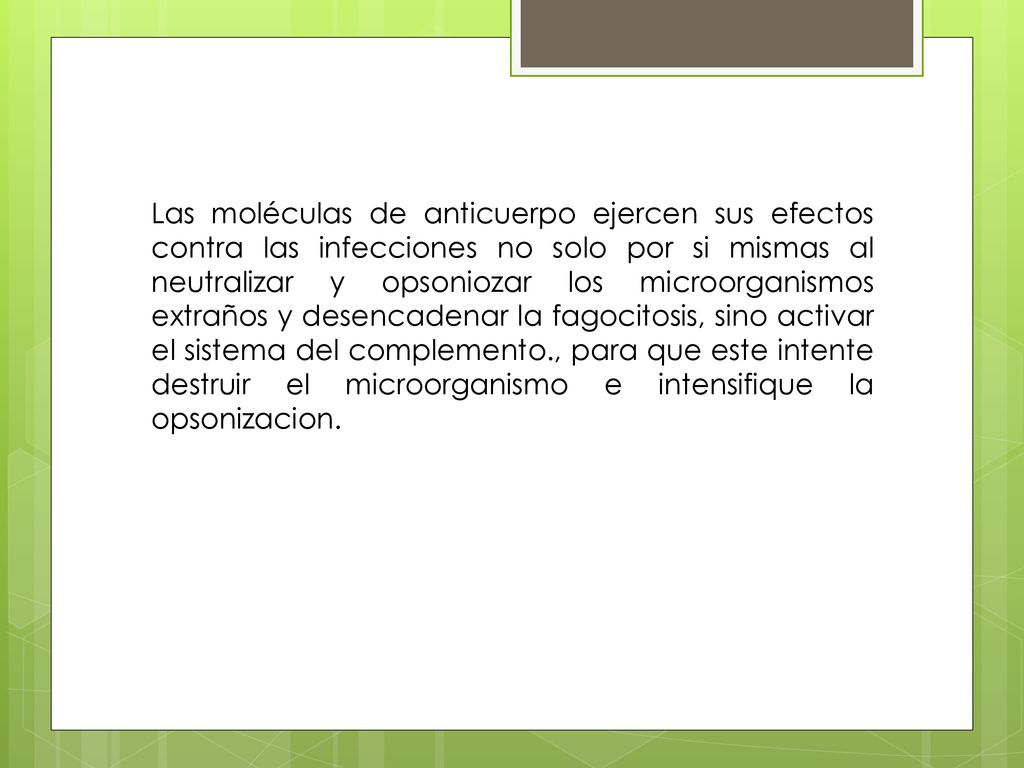 Las moléculas de anticuerpo ejercen sus efectos contra las infecciones no solo por si mismas al neutralizar y opsoniozar los microorganismos extraños y desencadenar la fagocitosis, sino activar el sistema del complemento., para que este intente destruir el microorganismo e intensifique la opsonizacion.