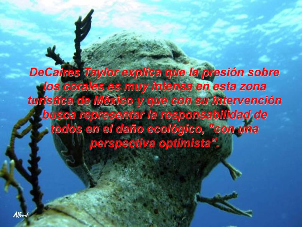 DeCaires Taylor explica que la presión sobre los corales es muy intensa en esta zona turística de México y que con su intervención busca representar la responsabilidad de todos en el daño ecológico, con una perspectiva optimista .