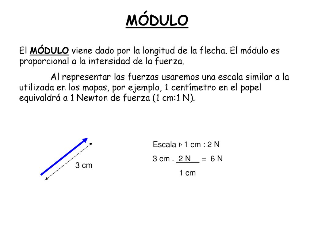 MÓDULO El MÓDULO viene dado por la longitud de la flecha. El módulo es proporcional a la intensidad de la fuerza.