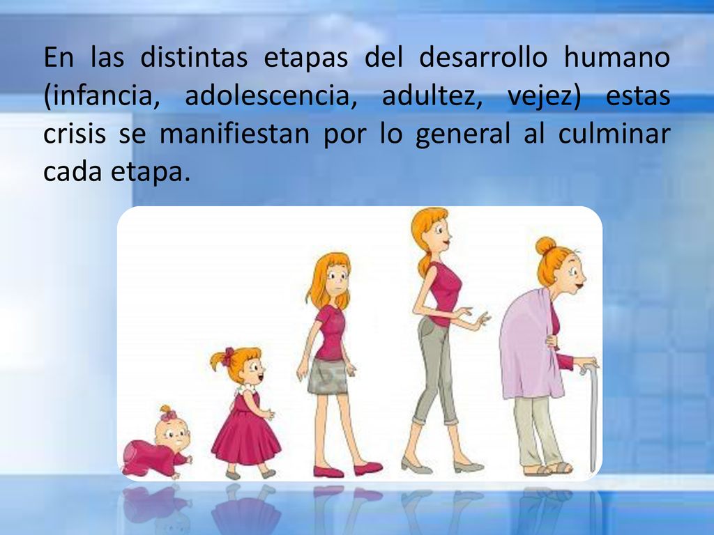 En las distintas etapas del desarrollo humano (infancia, adolescencia, adultez, vejez) estas crisis se manifiestan por lo general al culminar cada etapa.