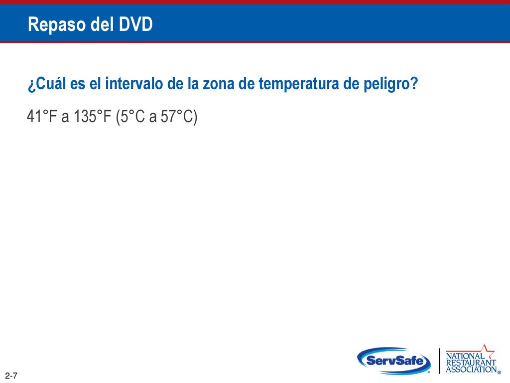 Repaso del DVD ¿Cuál es el intervalo de la zona de temperatura de peligro 41°F a 135°F (5°C a 57°C)