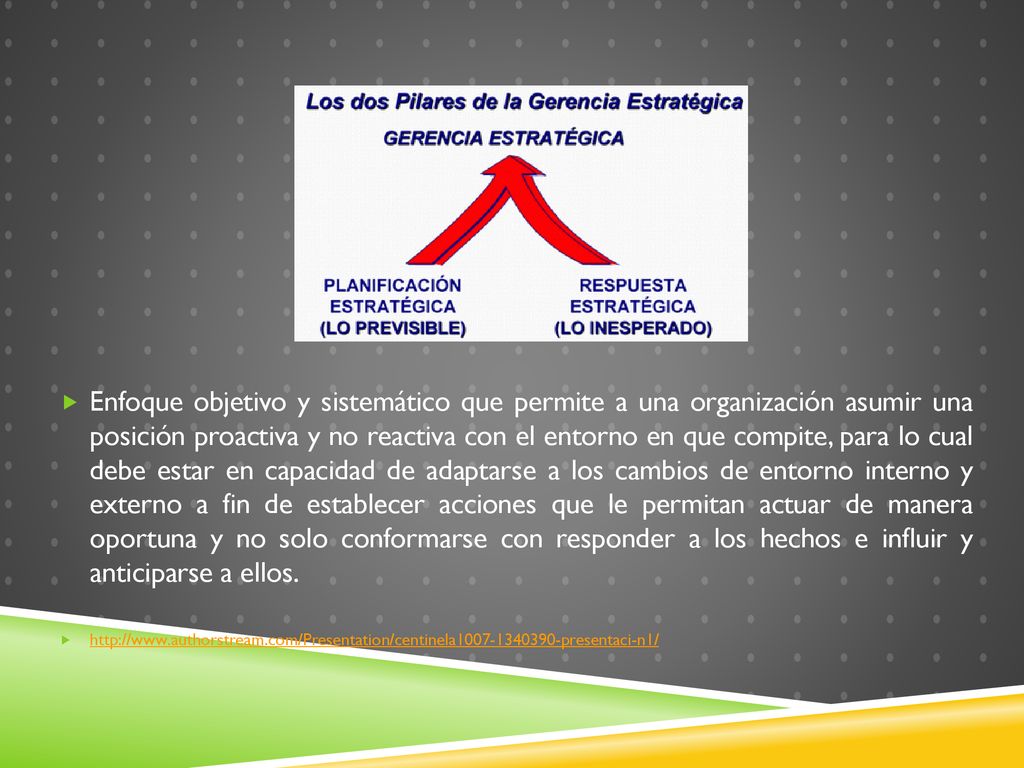 Enfoque objetivo y sistemático que permite a una organización asumir una posición proactiva y no reactiva con el entorno en que compite, para lo cual debe estar en capacidad de adaptarse a los cambios de entorno interno y externo a fin de establecer acciones que le permitan actuar de manera oportuna y no solo conformarse con responder a los hechos e influir y anticiparse a ellos.