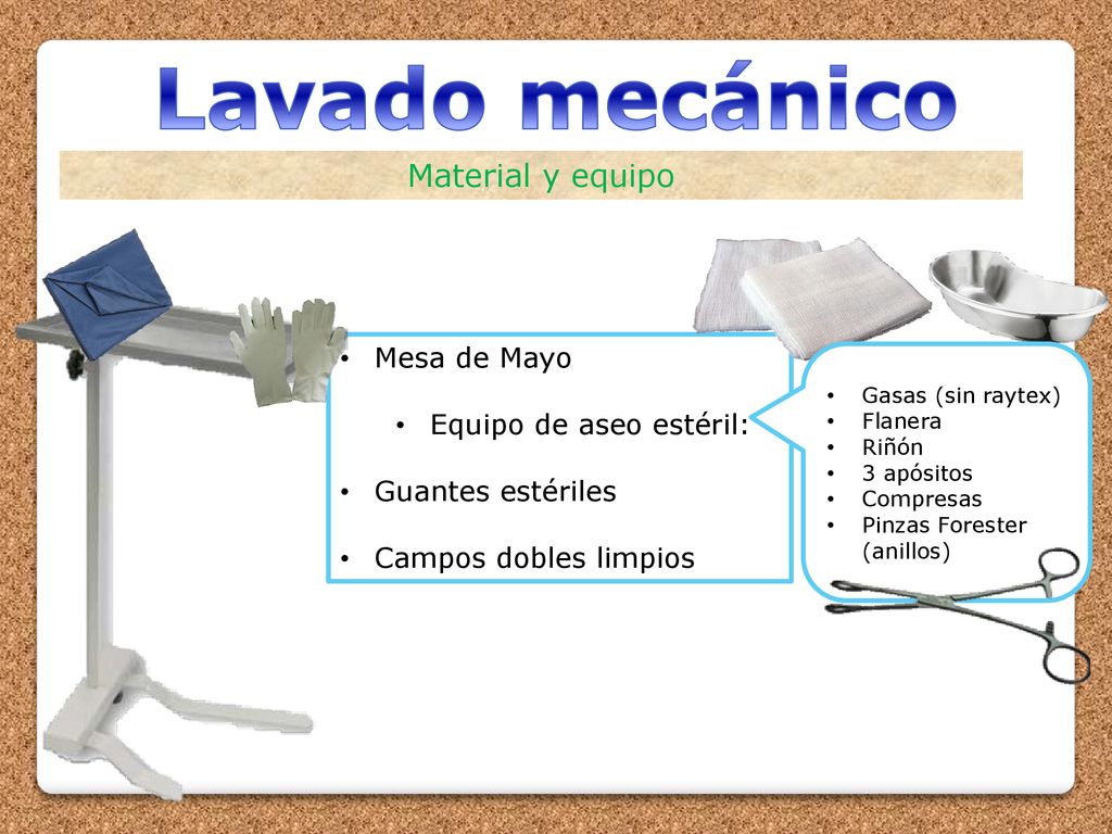 Lavado mecánico Material y equipo Mesa de Mayo Equipo de aseo estéril: