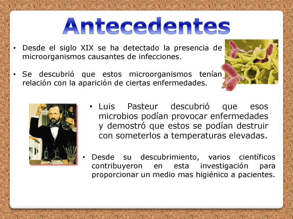 Antecedentes Desde el siglo XIX se ha detectado la presencia de microorganismos causantes de infecciones.
