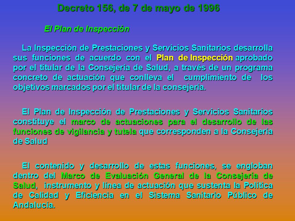 Decreto 156, de 7 de mayo de 1996 El Plan de Inspección