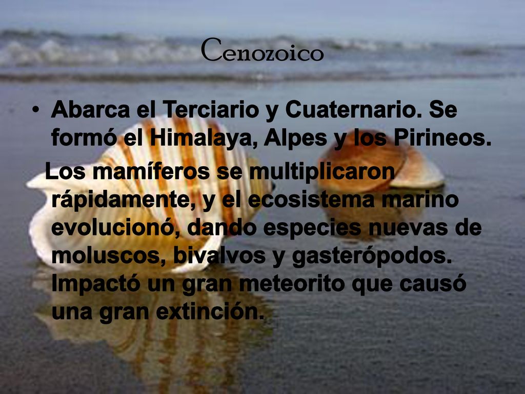 Cenozoico Abarca el Terciario y Cuaternario. Se formó el Himalaya, Alpes y los Pirineos.