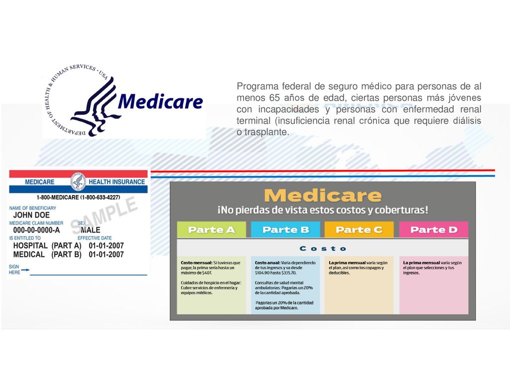 Programa federal de seguro médico para personas de al menos 65 años de edad, ciertas personas más jóvenes con incapacidades y personas con enfermedad renal terminal (insuficiencia renal crónica que requiere diálisis o trasplante.