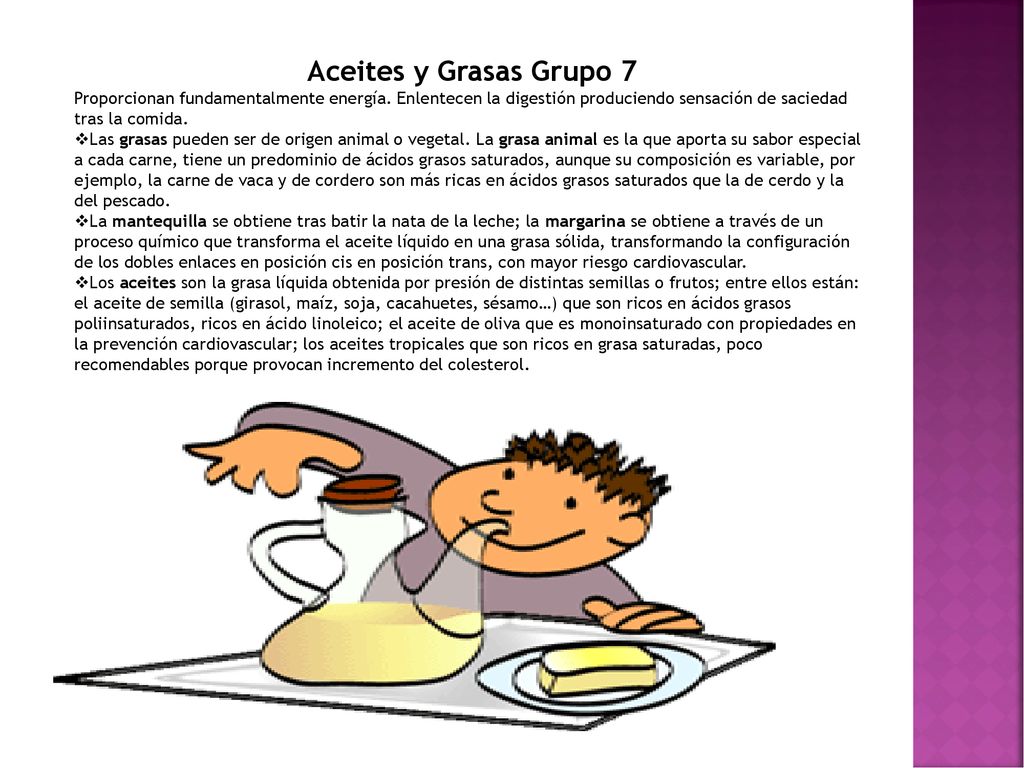 Aceites y Grasas Grupo 7 Proporcionan fundamentalmente energía. Enlentecen la digestión produciendo sensación de saciedad tras la comida.