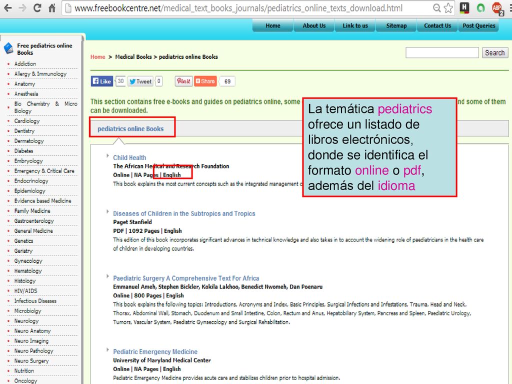 La temática pediatrics ofrece un listado de libros electrónicos, donde se identifica el formato online o pdf, además del idioma