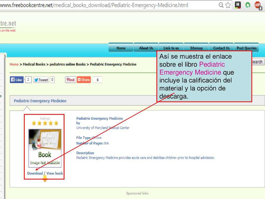 Así se muestra el enlace sobre el libro Pediatric Emergency Medicine que incluye la calificación del material y la opción de descarga.