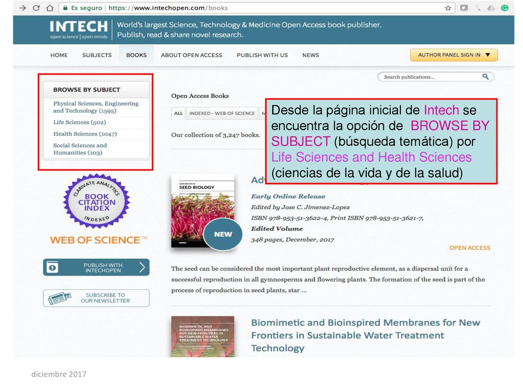 Desde la página inicial de Intech se encuentra la opción de BROWSE BY SUBJECT (búsqueda temática) por Life Sciences and Health Sciences (ciencias de la vida y de la salud)