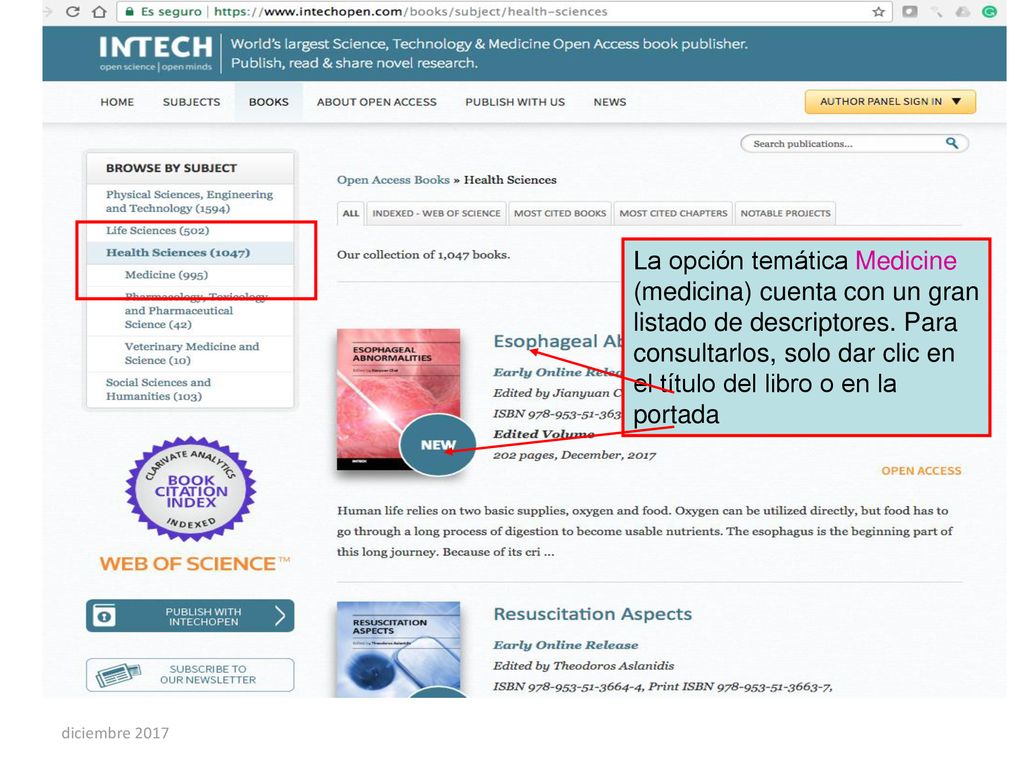 La opción temática Medicine (medicina) cuenta con un gran listado de descriptores. Para consultarlos, solo dar clic en el título del libro o en la portada