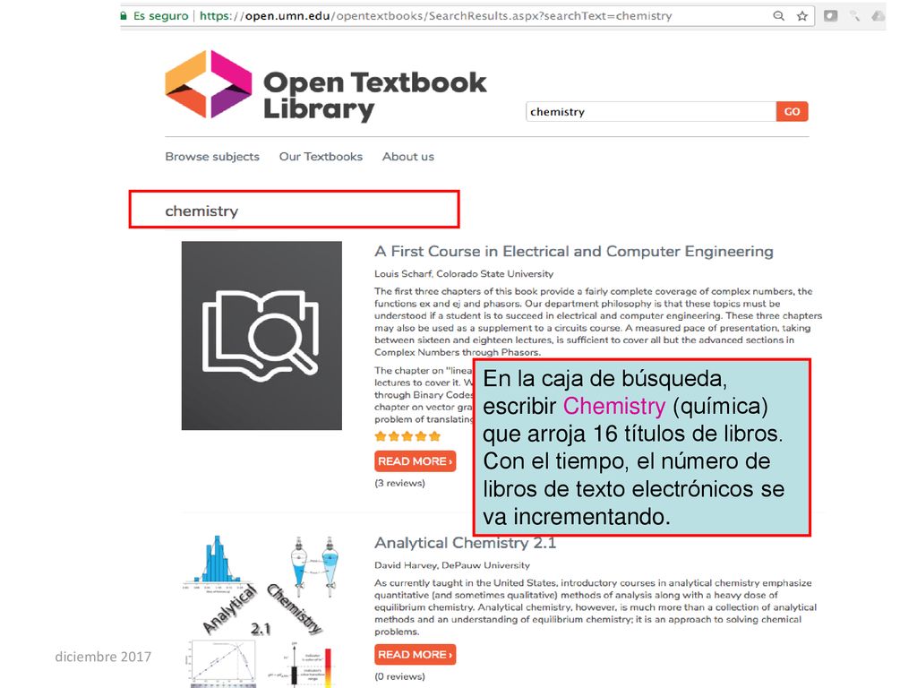 En la caja de búsqueda, escribir Chemistry (química) que arroja 16 títulos de libros. Con el tiempo, el número de libros de texto electrónicos se va incrementando.